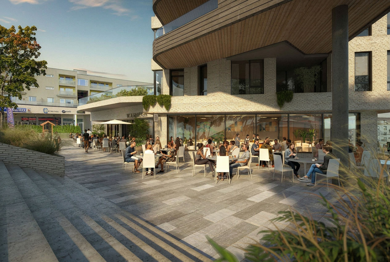 Mennesker samlet rundt uteservering på Årvoll Torg i ettermiddagssol